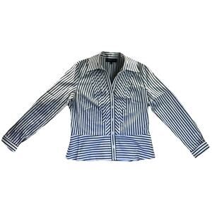 Jones New York Signature Womens ButtonUp Blouse White W/ Black Stripes Pleated M